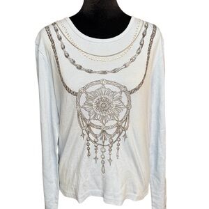 Spiegel dreamcatcher graphic tee light blue chain rhinestone long sleeve size L